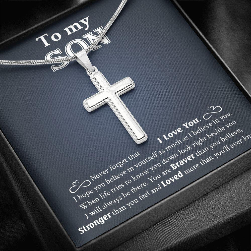 To My Son, Gift For Son, Never Forget That I Love You, Cross Necklace Gift From Dad Mom