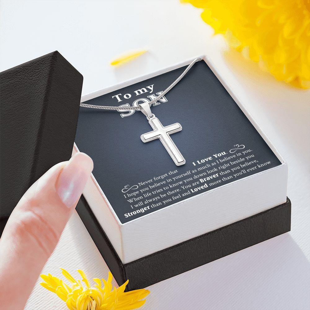 To My Son, Gift For Son, Never Forget That I Love You, Cross Necklace Gift From Dad Mom
