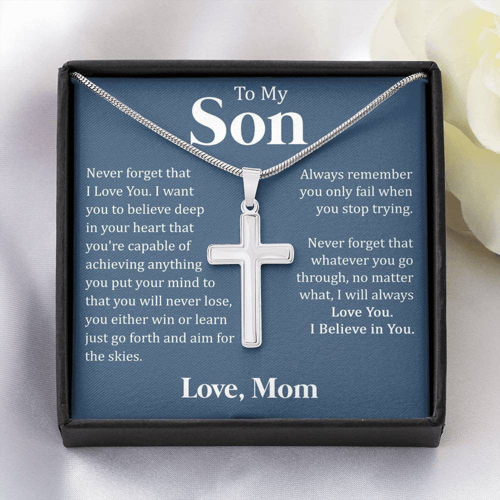 To My Son - I Believe In You, Cross Necklace Gift From Dad Mom
