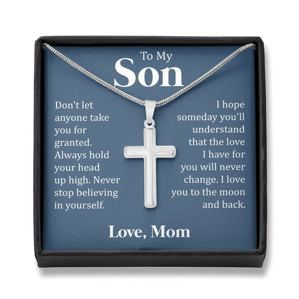 To My Son - Never Stop Believing, We Love You, Cross Necklace From Dad Mom