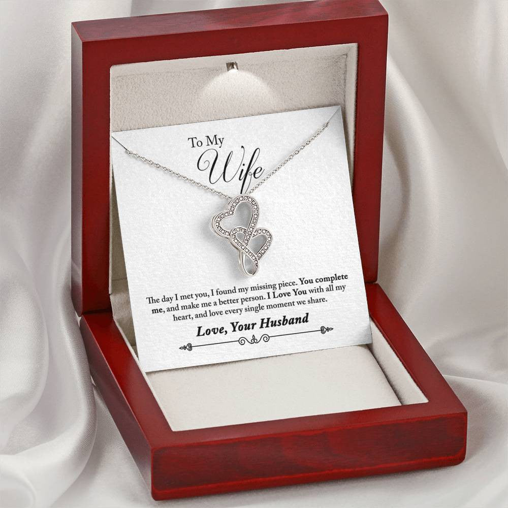To My Wife You Complete Me Double Hearts Necklace Message Card - Double Hearts Necklace