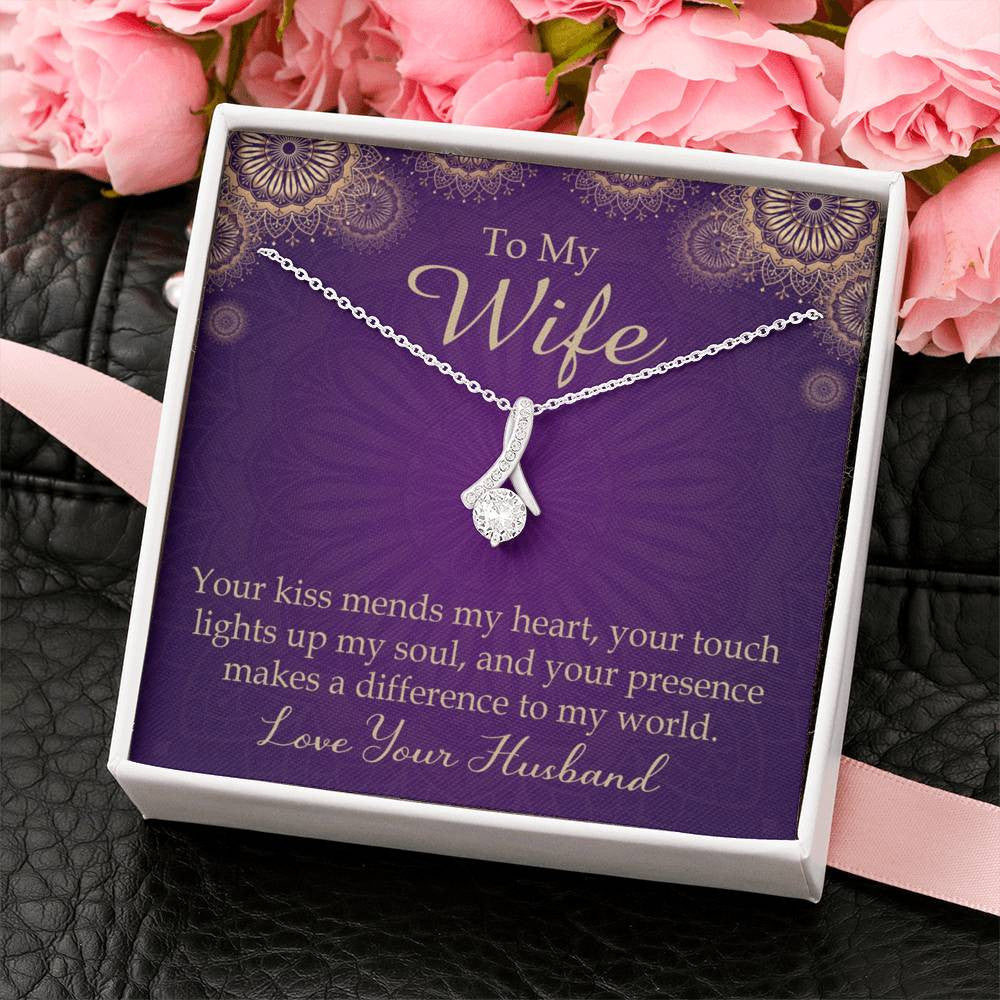 Wife Gift Your Kiss Mends My Heart Eternity Ribbon Stone Pendant 14K White Gold Stainless Steel Jewelry Gift - Alluring Beauty Necklace Gift For Her