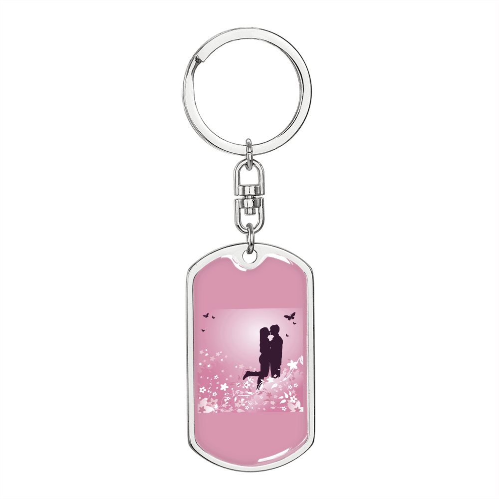To My Wife Love Couple Pink Floral Keychain Stainless Steel or 18k Gold Dog Tag Keyring - Dog Tag with Swivel Keychain
