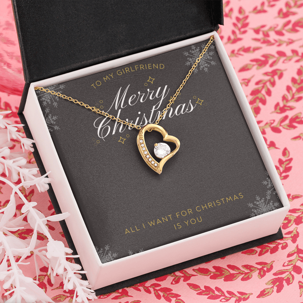 To My Girlfriend All I want For Christmas Message Card Forever Necklace 18k Gold or Stainless Steel 18" Necklace - Forever Love Necklace Gift Idea For Woman