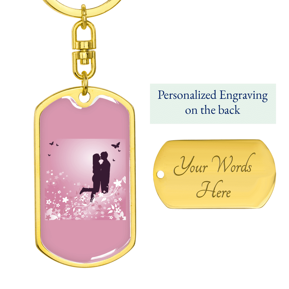To My Wife Love Couple Pink Floral Keychain Stainless Steel or 18k Gold Dog Tag Keyring - Dog Tag with Swivel Keychain