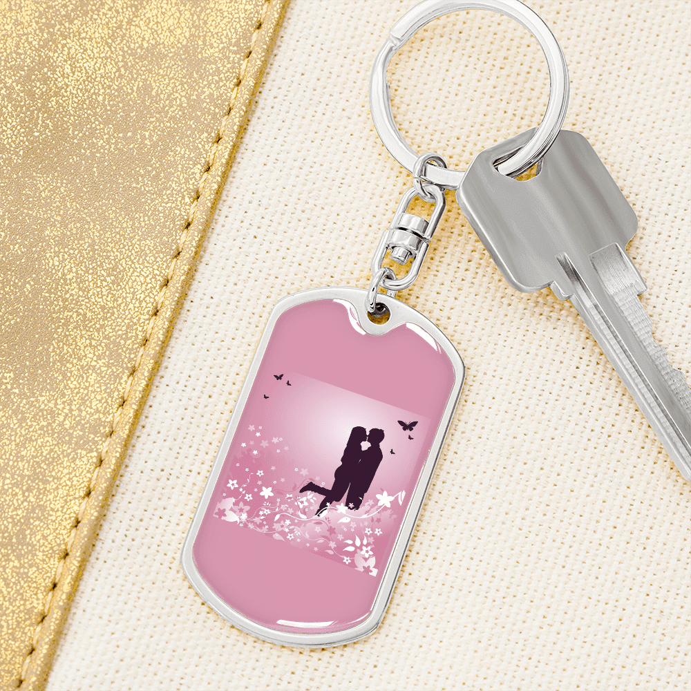 To My Wife Love Couple Pink Floral Keychain Stainless Steel or 18k Gold Dog Tag Keyring - Dog Tag with Swivel Keychain