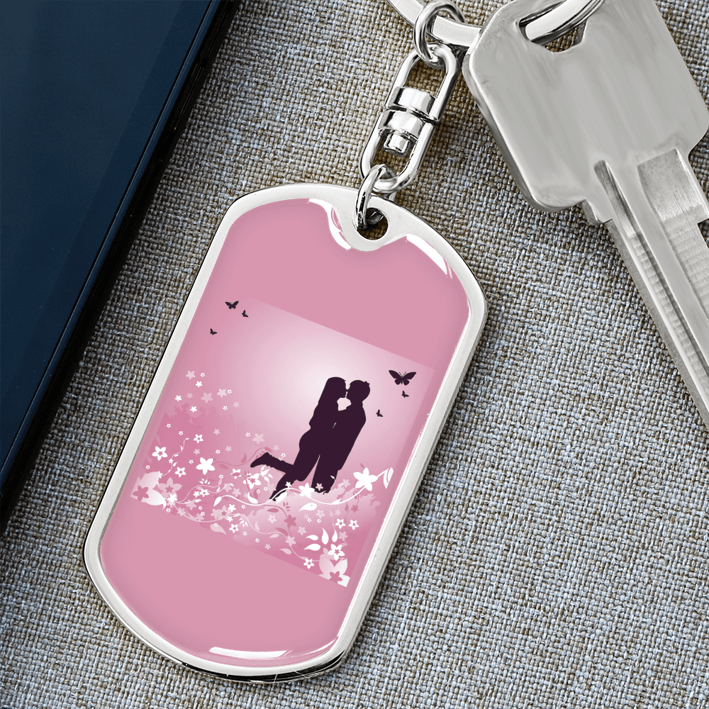 To My Wife Love Couple Pink Floral Keychain Stainless Steel or 18k Gold Dog Tag Keyring - Dog Tag with Swivel Keychain