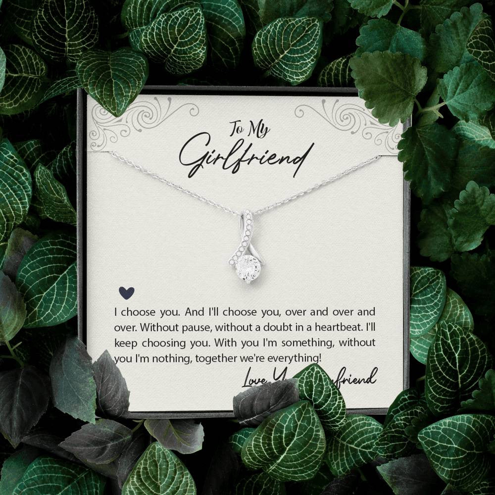 To My Girlfriend I Choose You Message Card W Mahogany Style Luxury Box Eternity Ribbon Stone Necklace - Alluring Beauty Necklace Gift For Her