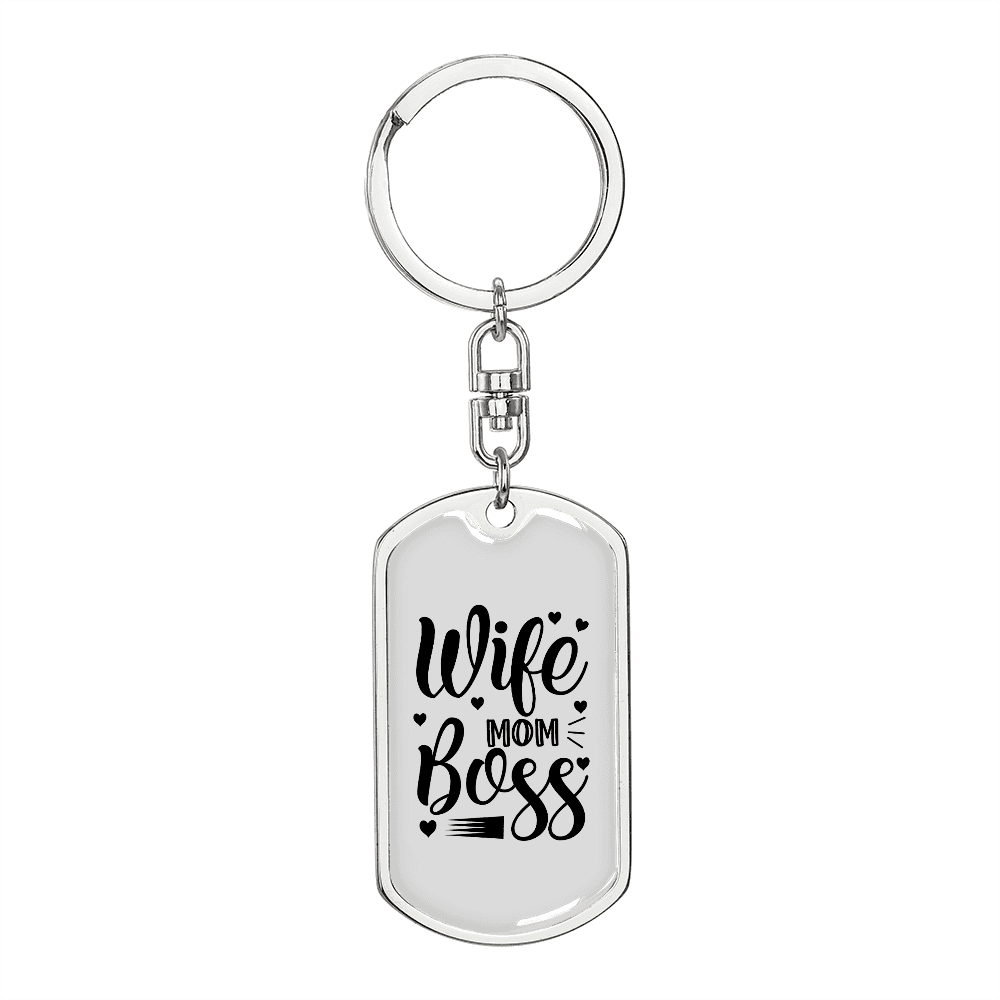 To My Wife Wife Mom Boss White Keychain Stainless Steel or 18k Gold Dog Tag Keyring - Dog Tag with Swivel Keychain