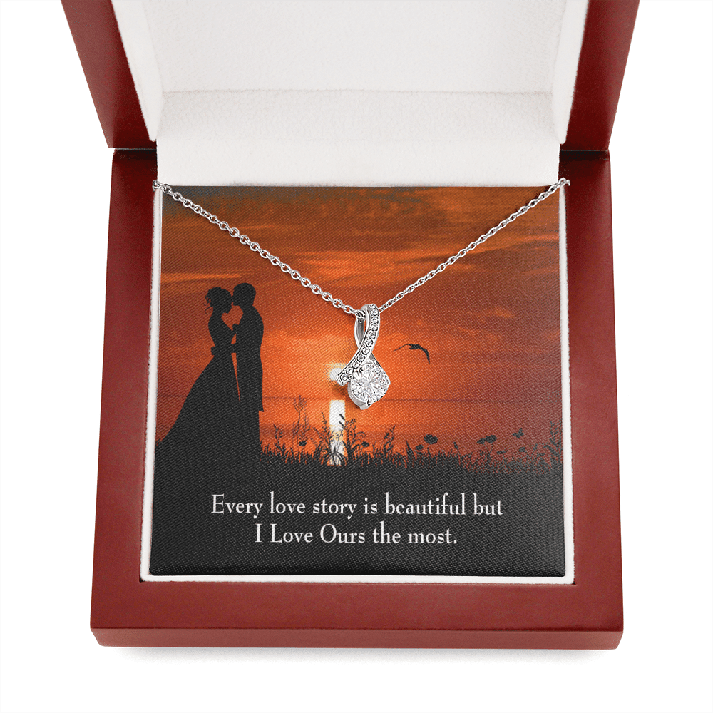 To My Girlfriend Love Our Story Message Card W Mahogany Style Luxury Box Eternity Ribbon Stone Necklace - Alluring Beauty Necklace Gift For Her