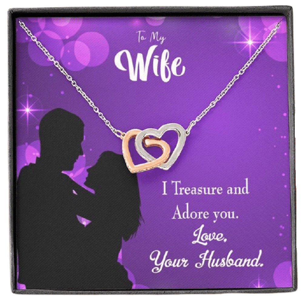 Wife Gift For Wife Birthday I Treasure And Adore You Inseparable Love Pendant 18k Rose Gold Finish 16� - Interlocking Hearts Necklace