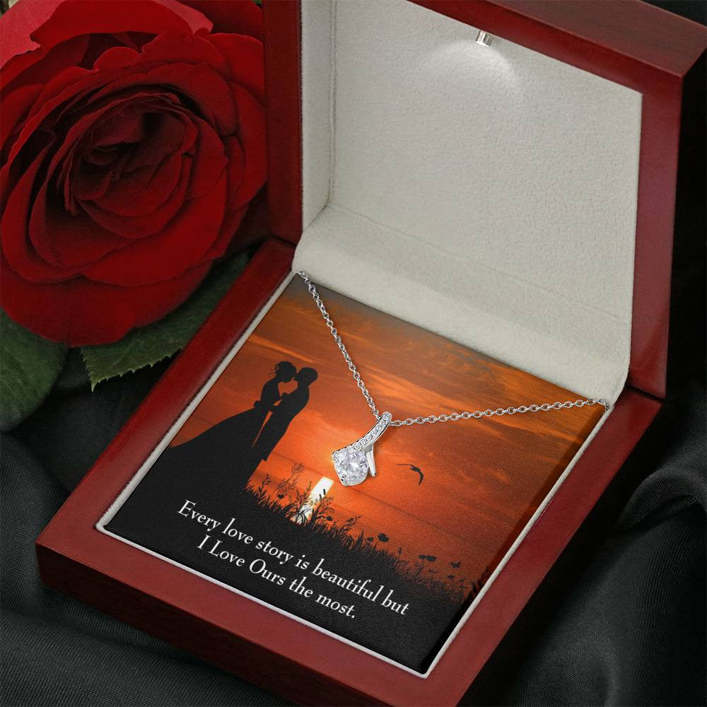 To My Girlfriend Love Our Story Message Card W Mahogany Style Luxury Box Eternity Ribbon Stone Necklace - Alluring Beauty Necklace Gift For Her