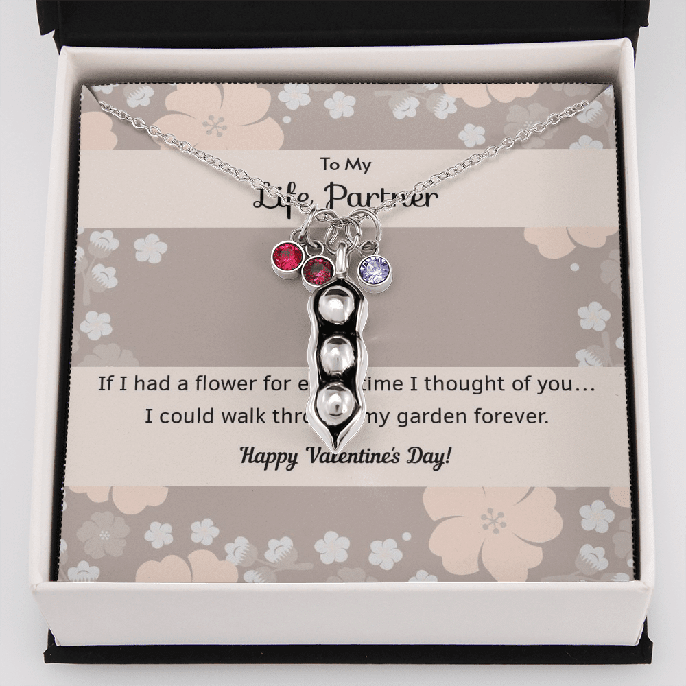 To My Wife Flower to My Life Partner Pea Pod Necklace Message Card Peas in Pod Birthstones Pendant - Pea Pod