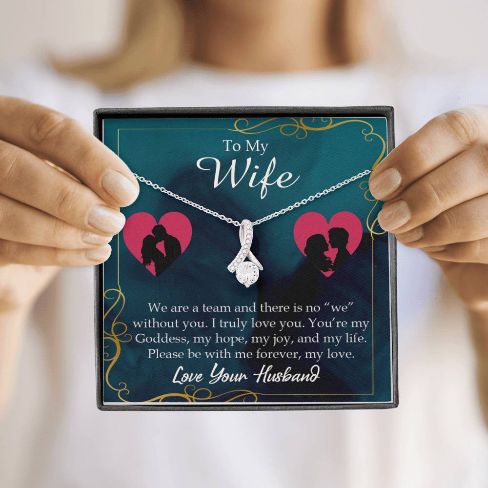 Wife Gift We Are A Team Eternity Ribbon Stone Pendant 14K White Gold Stainless Steel Jewelry Gift - Alluring Beauty Necklace Gift For Her