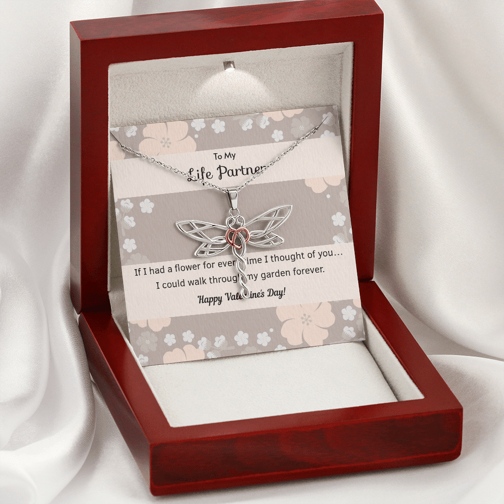 To My Wife Flower to My Life Partner Dragonfly Necklace Message Card - Dragonfly
