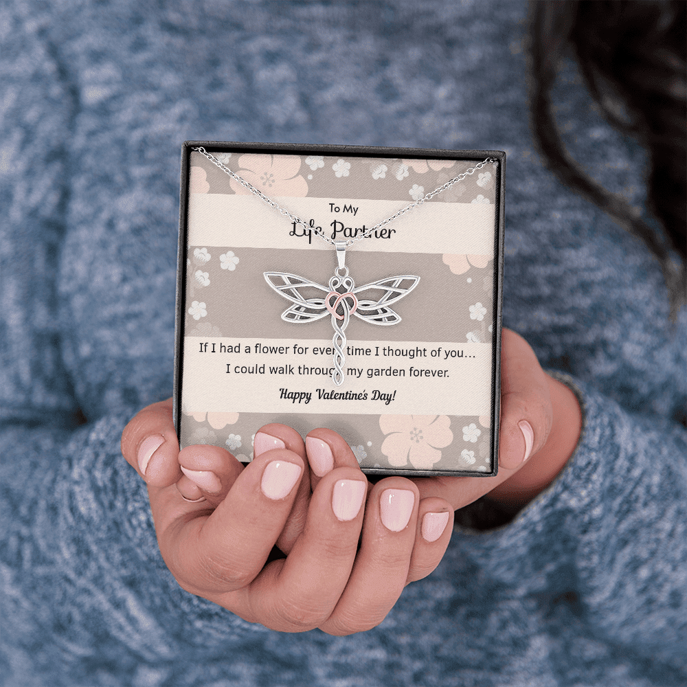 To My Wife Flower to My Life Partner Dragonfly Necklace Message Card - Dragonfly