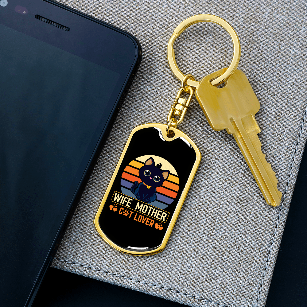 To My Wife Wife Mother Cat Lover Keychain Stainless Steel or 18k Gold Dog Tag Keyring - Dog Tag with Swivel Keychain