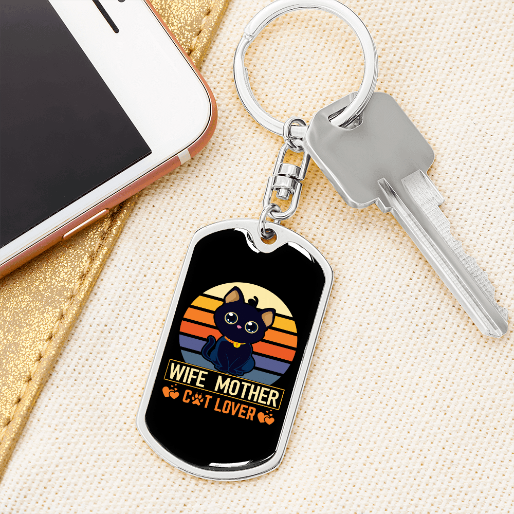To My Wife Wife Mother Cat Lover Keychain Stainless Steel or 18k Gold Dog Tag Keyring - Dog Tag with Swivel Keychain