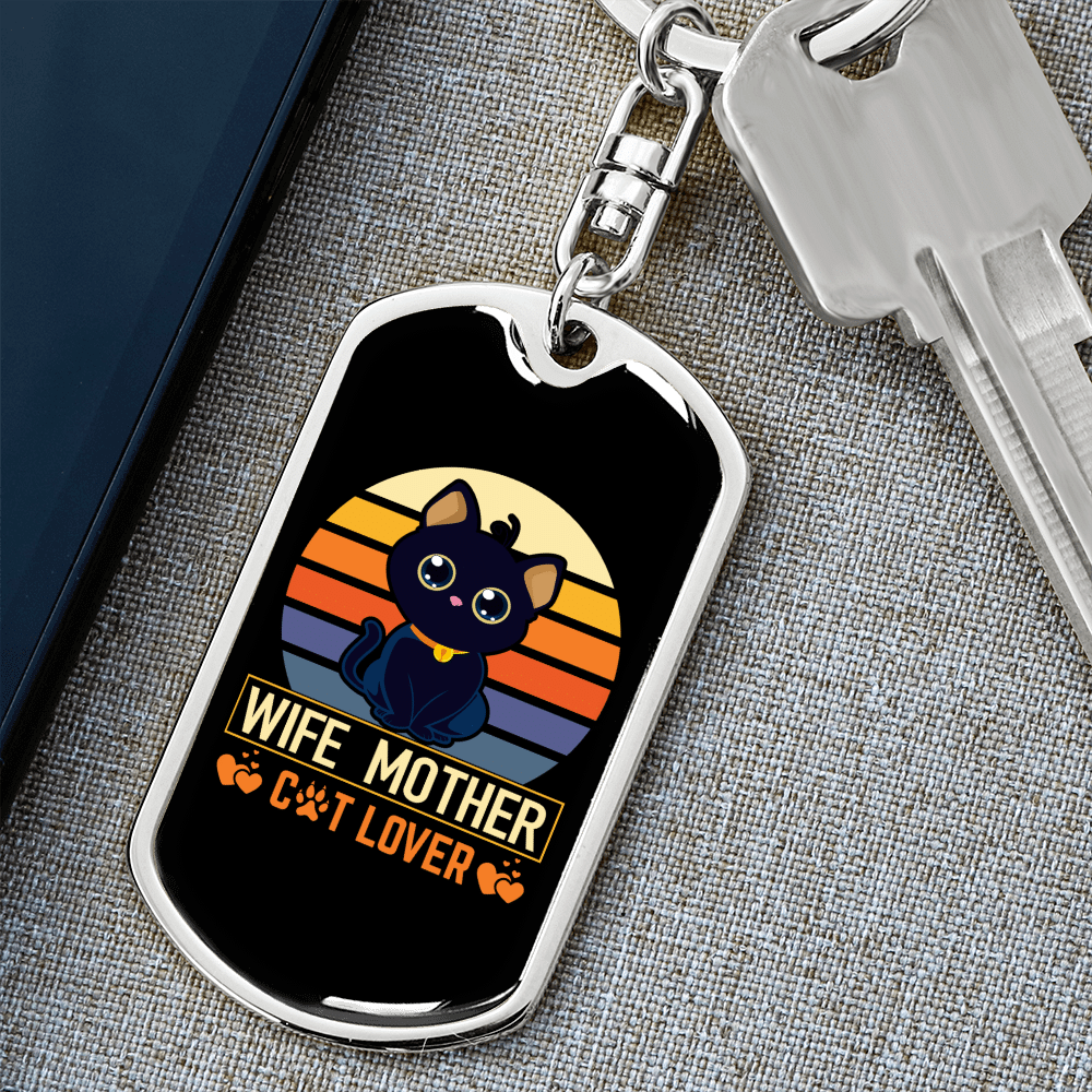 To My Wife Wife Mother Cat Lover Keychain Stainless Steel or 18k Gold Dog Tag Keyring - Dog Tag with Swivel Keychain