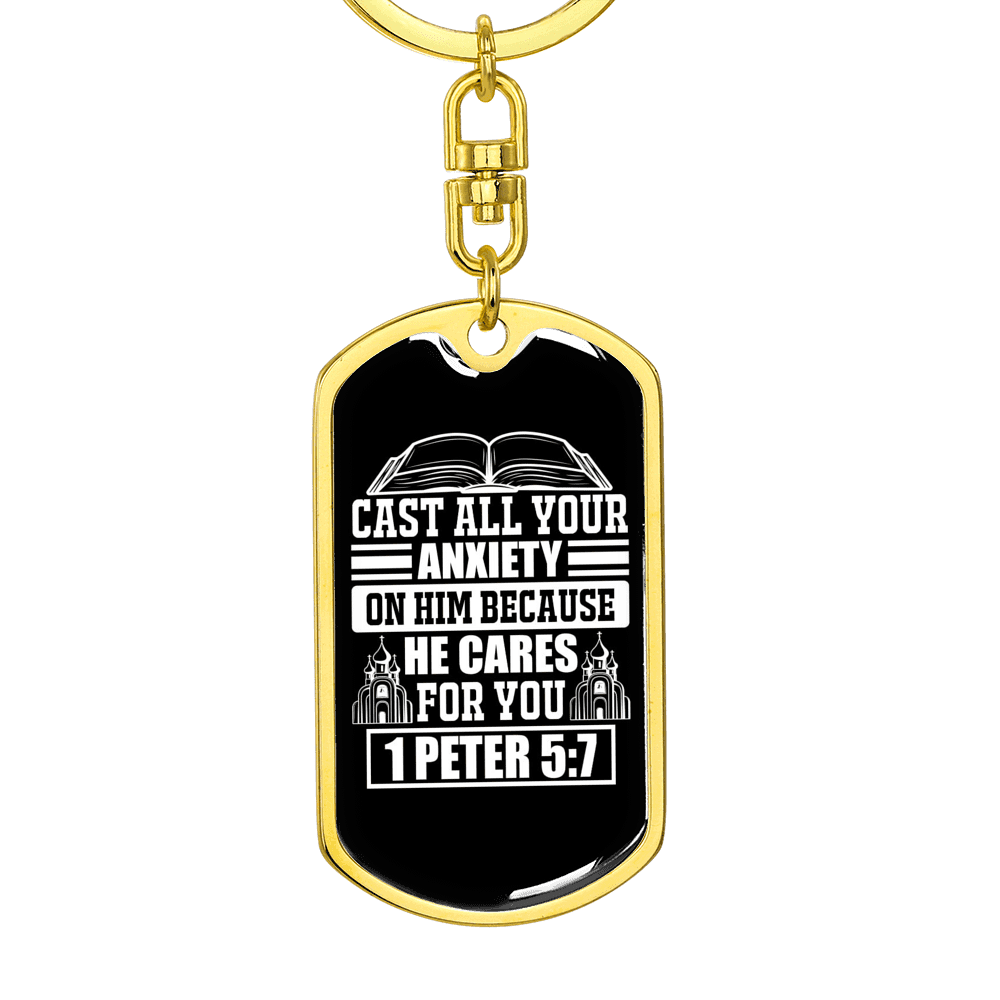 Because He Cares 1 Peter 5:7 Keychain Dog Tag Keyring - Dog Tag with Swivel Keychain