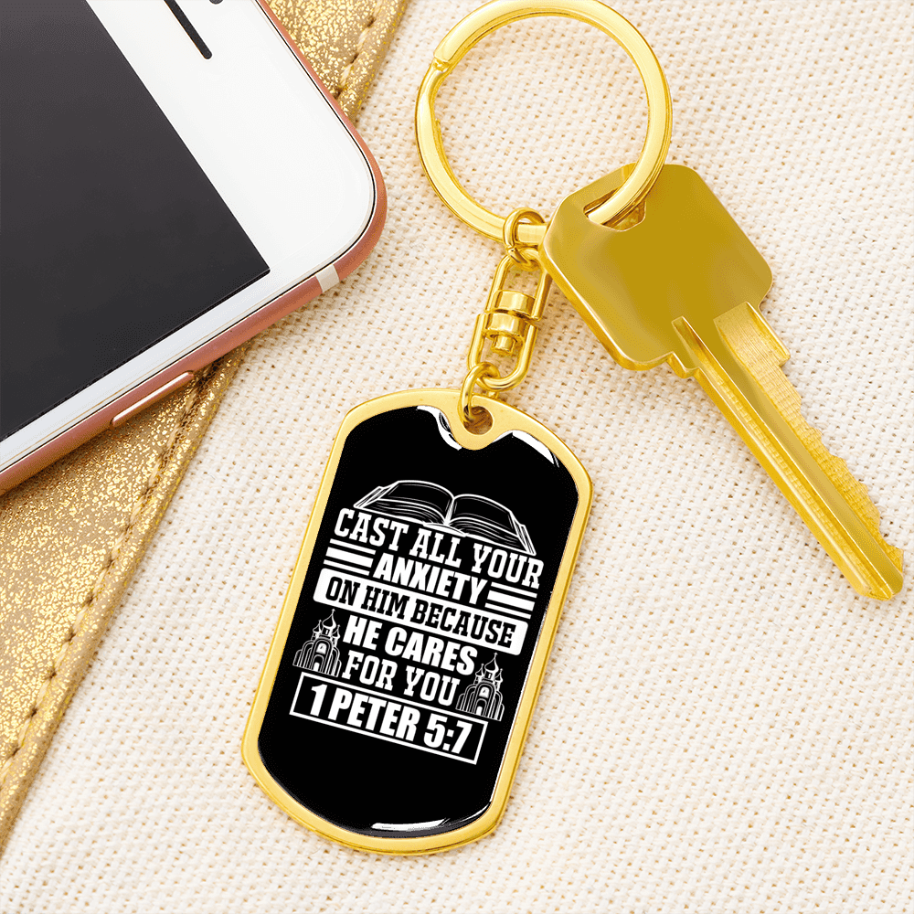 Because He Cares 1 Peter 5:7 Keychain Dog Tag Keyring - Dog Tag with Swivel Keychain