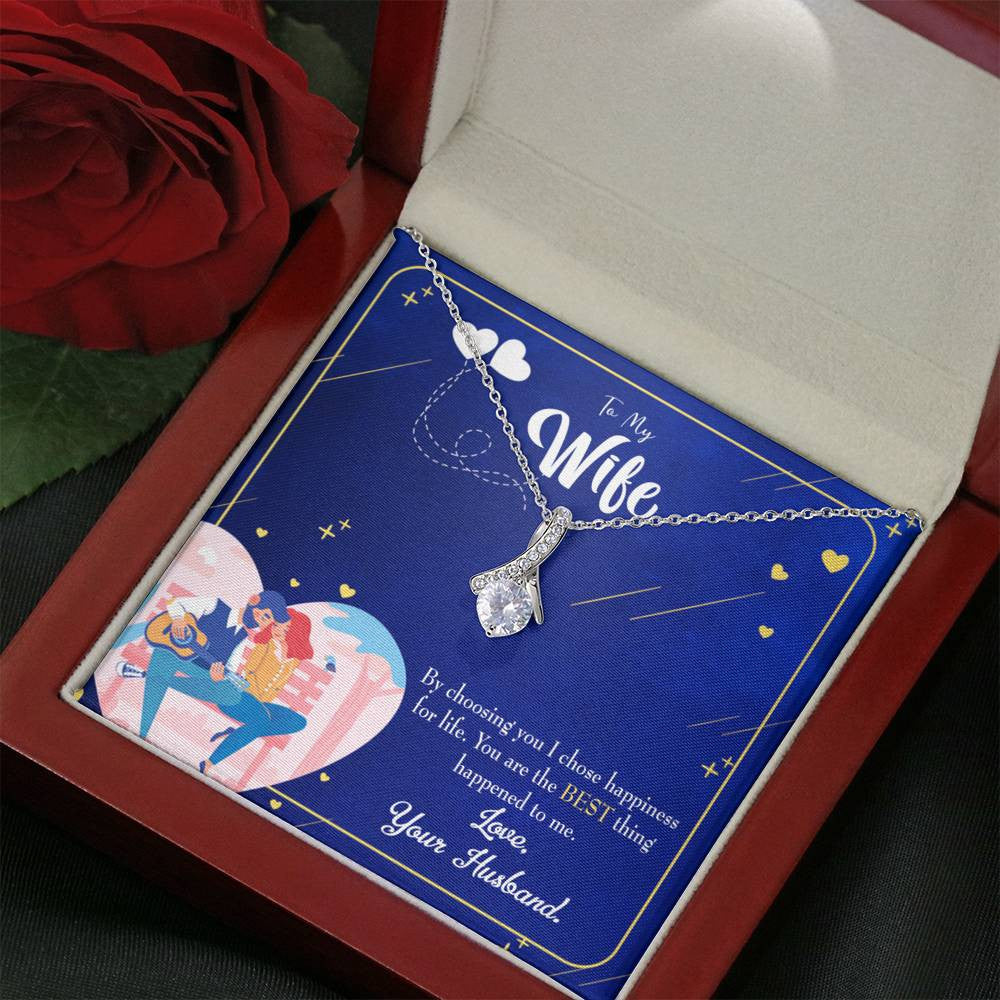 Gift For Wife I Chose Happiness Eternity Ribbon Stone Pendant 14K White Gold Stainless Steel Jewelry Gift - Alluring Beauty Necklace Gift For Her