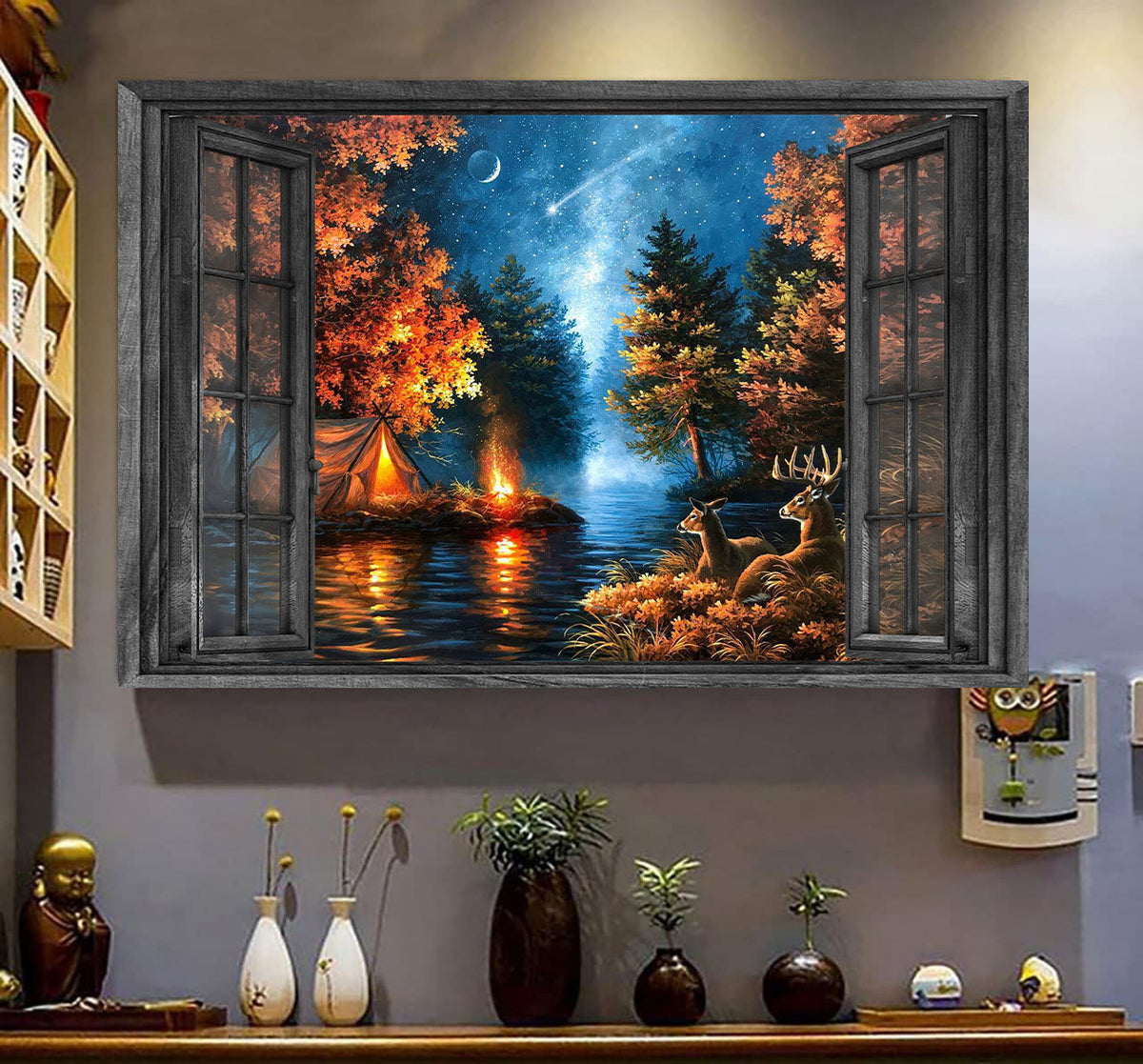 White Tailed Deer Camping 3D Window View Wall Decal, Peel And Stick Wall Mural