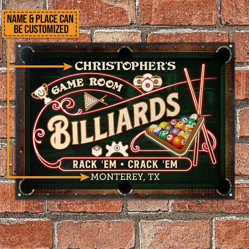 Nice Design Billiards Game Room Neon Rectangle Metal Sign Custom Name And Place