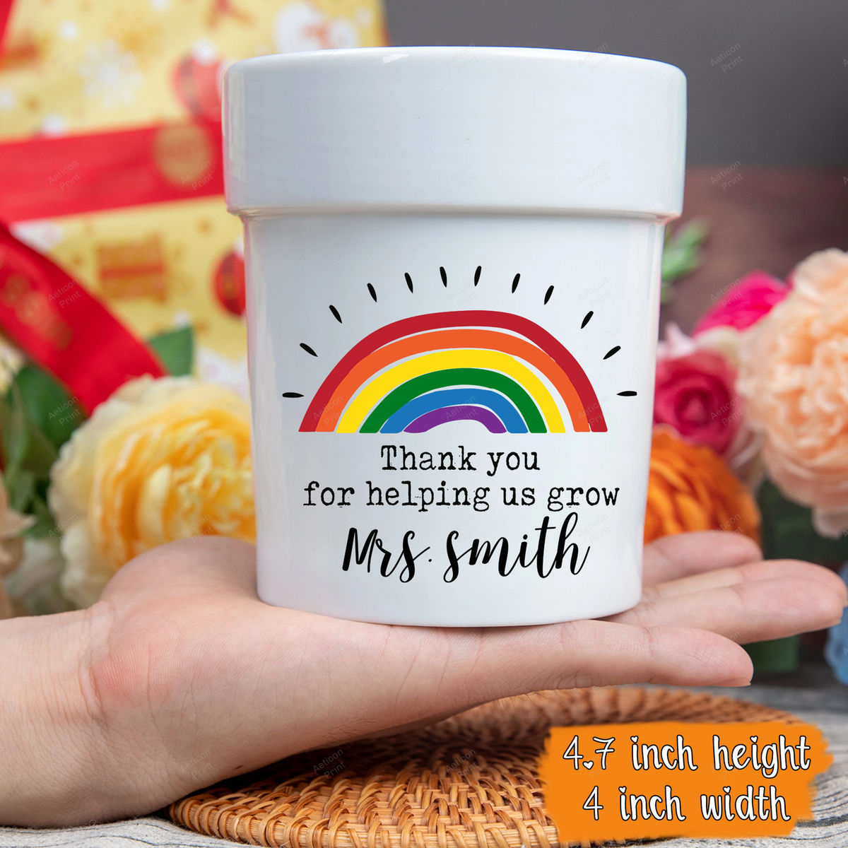 Custom Name Rainbow Teacher Personalized Mini Flower Pot, Teacher Gifts, Teacher Appreciation, School Gifts, Teacher Pot, Custom Flower Pot