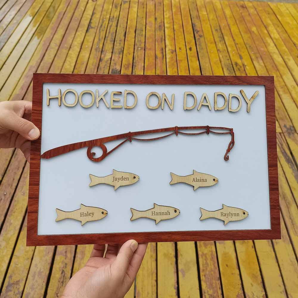 Personalized Hooked on Daddy Fishing With Kids Name Wood Sign Gift For Father's Day