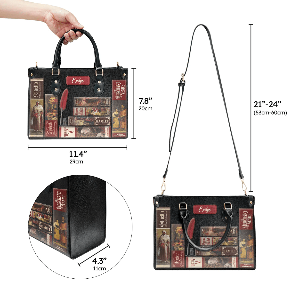 Custom Libro Handbags, Unique Shakespearean Customization, Personalized Gifts for the Ultimate Shakespeare Lover, Leather Handbags