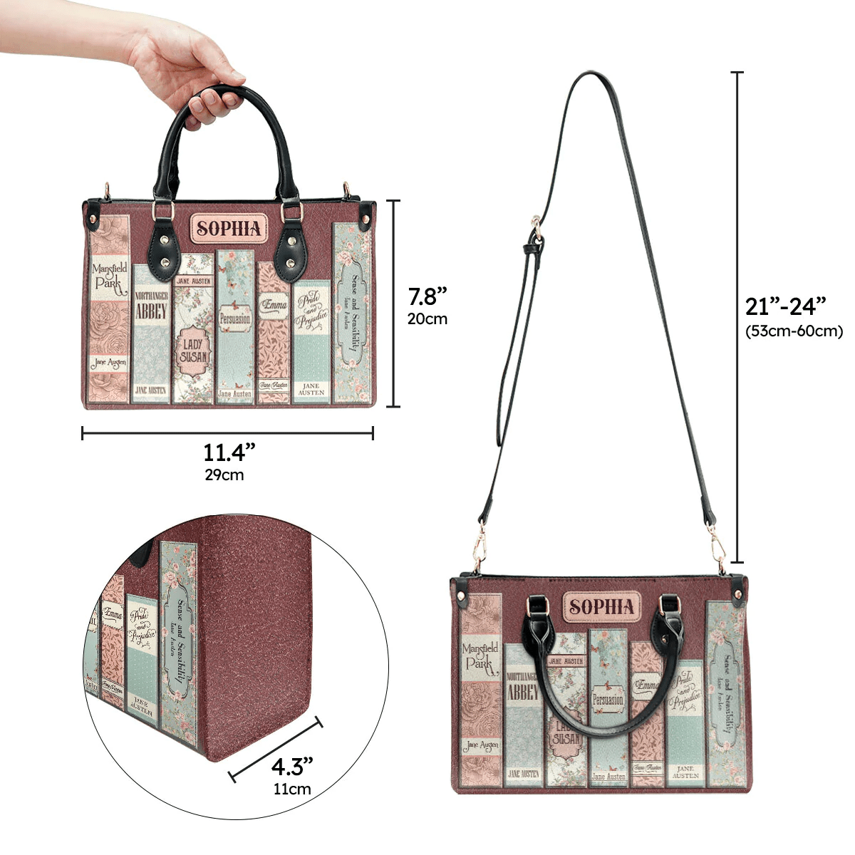 Personalized Handbags in Jane Austen Style, Pride and Prejudice Inspired, The Perfect Leather Bag Gift for Women, Woman Shoulder Bag, Shopping Bag, Leather Handbag