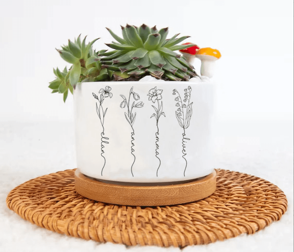 Customized Birth Month Flower Plant Pot, Personalized Name Garden Pot, Outdoor Flower Pot With Month Flower, Birthday Gift, Mothers Day Gift