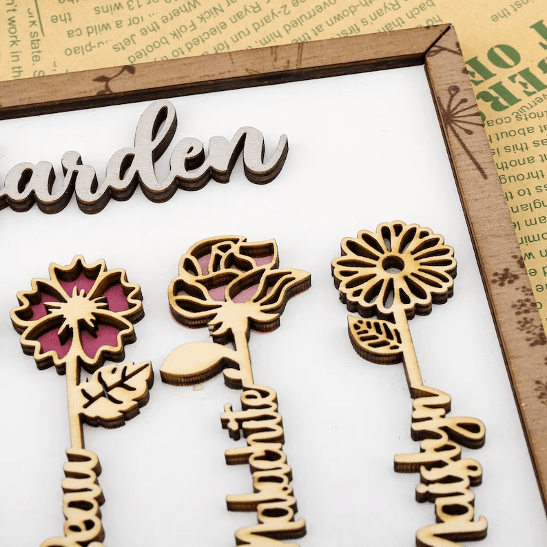 Personalized Grandma's Garden Engraved Sign, Birthday Flower Name Sign, Mothers Day Gift, Custom Wooden Signs, Flower Plaque, Birthday Gift