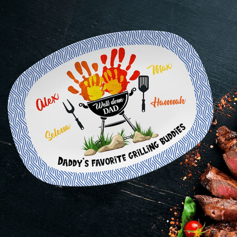 Personalized Daddy's Favorite Grilling Buddies Platter, Father's Day Gift, Personalized BBQ Handprint Plate, Custom Barbecue Platter For Dad