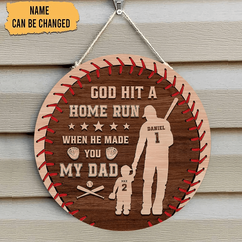 Personalized God Hit A Home Run When He Made You Our Dad Wooden Sign, Baseball Wooden Sign, Gift For Father's Day, Gift For Baseball Lovers