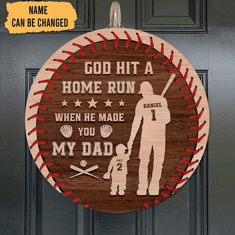 Personalized God Hit A Home Run When He Made You Our Dad Wooden Sign, Baseball Wooden Sign, Gift For Father's Day, Gift For Baseball Lovers