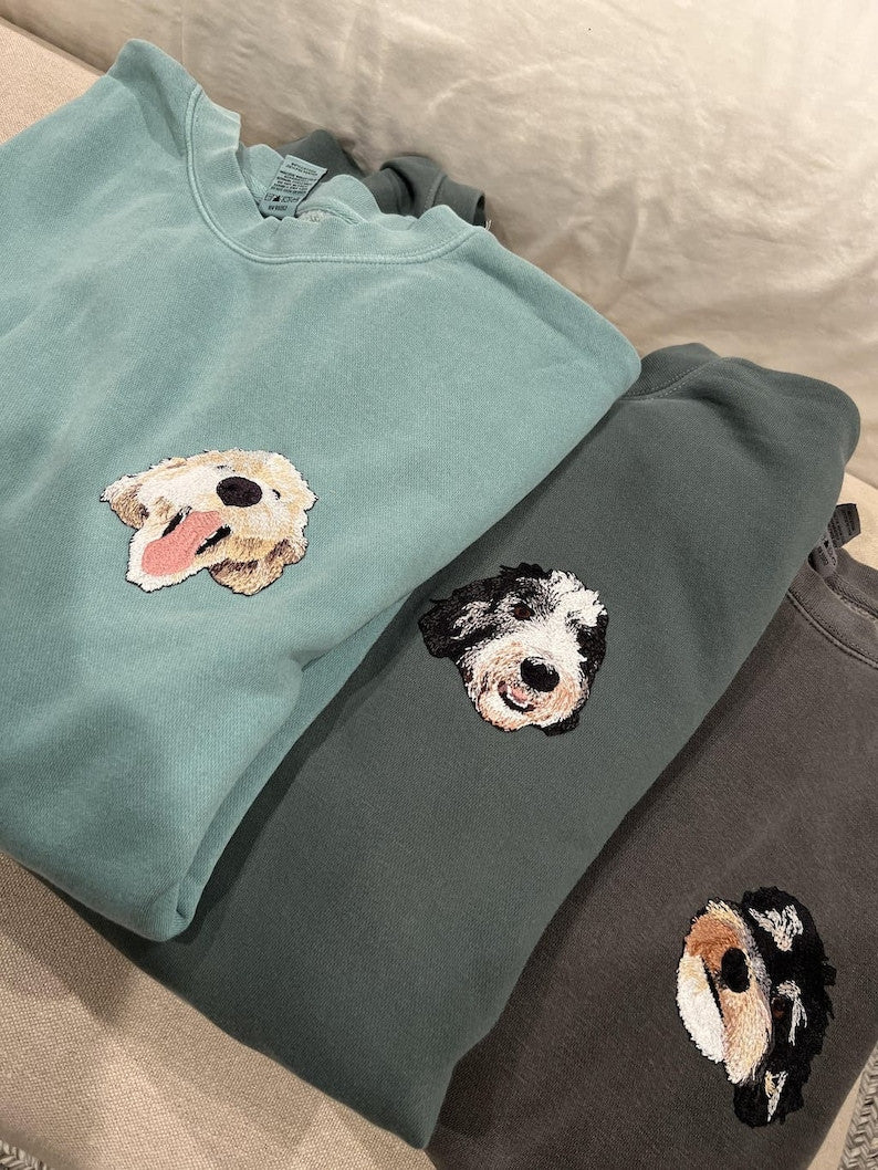 Custom Pet Embroidered Sweatshirt, Personalized Dog Cat Portrait Sweatshirt, Dog Embroidered Sweatshirt, Memorial Gift, New Year Gift