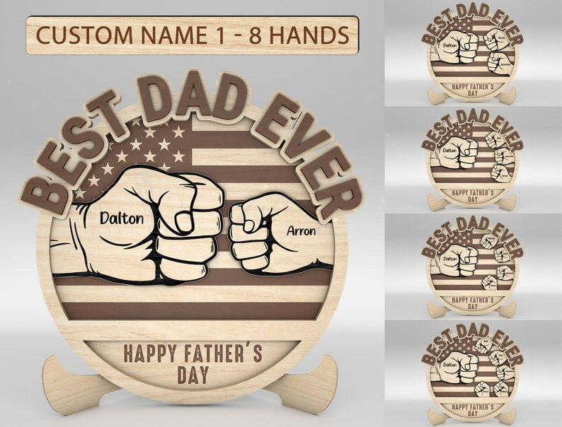 Personalized Dad And Kid Hands Fist Bump US Flag Sign Wood Laser Cut Art, Gift for Dad, Fathers Day Gifts Wood Laser Cut Sign