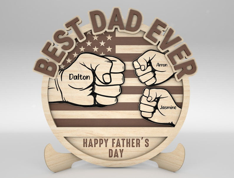 Personalized Dad And Kid Hands Fist Bump US Flag Sign Wood Laser Cut Art, Gift for Dad, Fathers Day Gifts Wood Laser Cut Sign