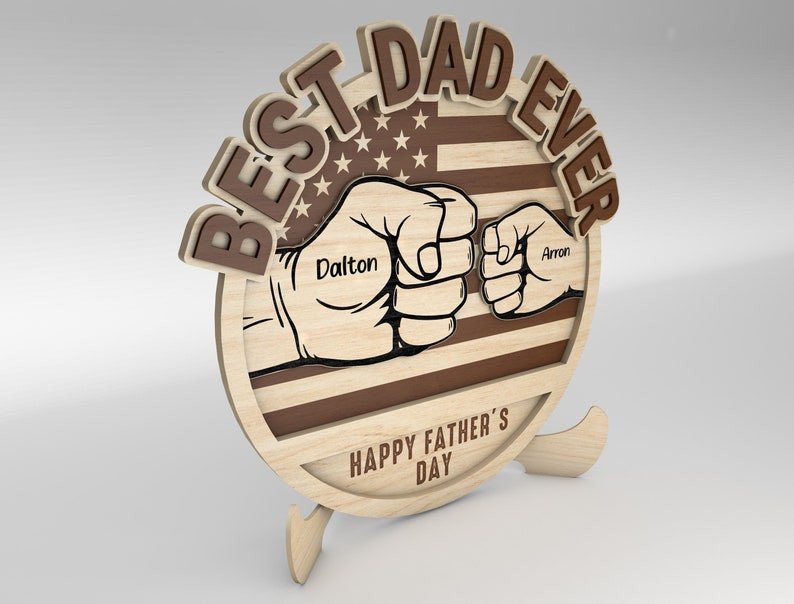 Personalized Dad And Kid Hands Fist Bump US Flag Sign Wood Laser Cut Art, Gift for Dad, Fathers Day Gifts Wood Laser Cut Sign