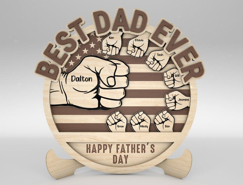 Personalized Dad And Kid Hands Fist Bump US Flag Sign Wood Laser Cut Art, Gift for Dad, Fathers Day Gifts Wood Laser Cut Sign