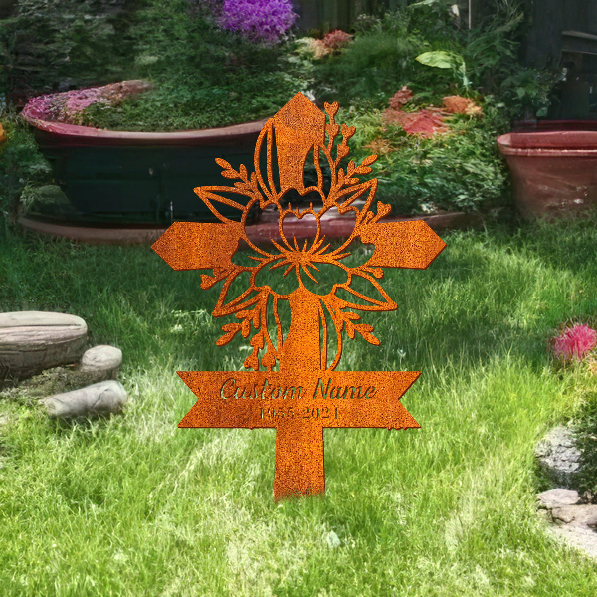Personalized Floral Cross Memorial Stake, Metal Cross Stake, Sympathy Sign, Grave Marker, Remembrance Stake, Garden Decor, Cross Sign