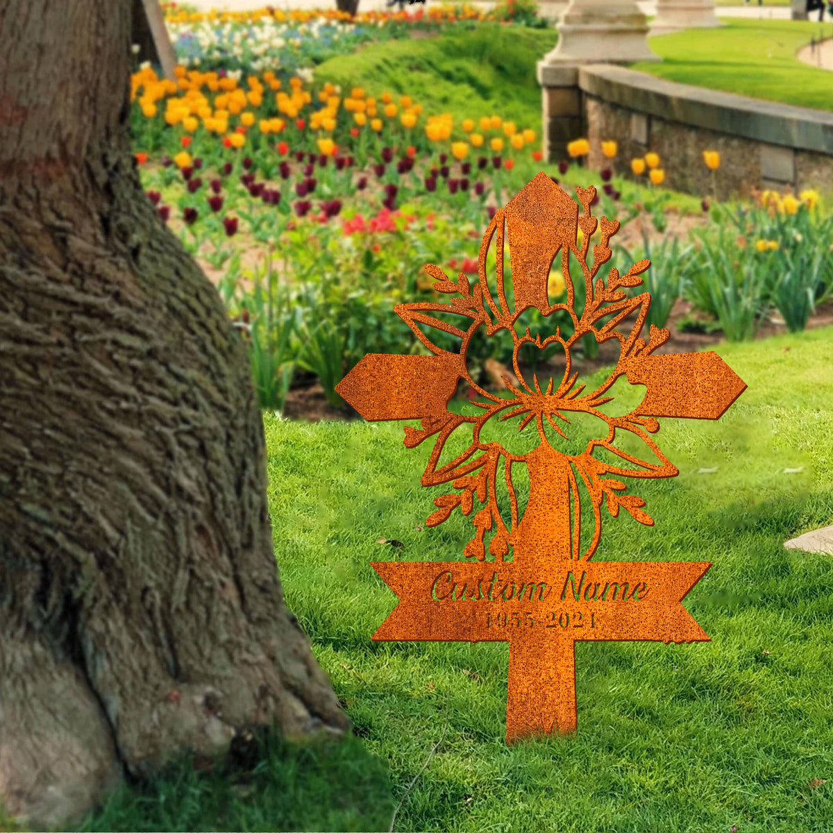 Personalized Floral Cross Memorial Stake, Metal Cross Stake, Sympathy Sign, Grave Marker, Remembrance Stake, Garden Decor, Cross Sign