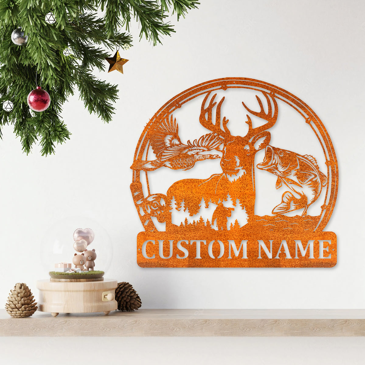Custom Deer Turkey And Bass Fishing Metal Wall Art Hunting Sign Personalized Hunter Name Sign Home Decor Cabin Decoration Birthday Gift