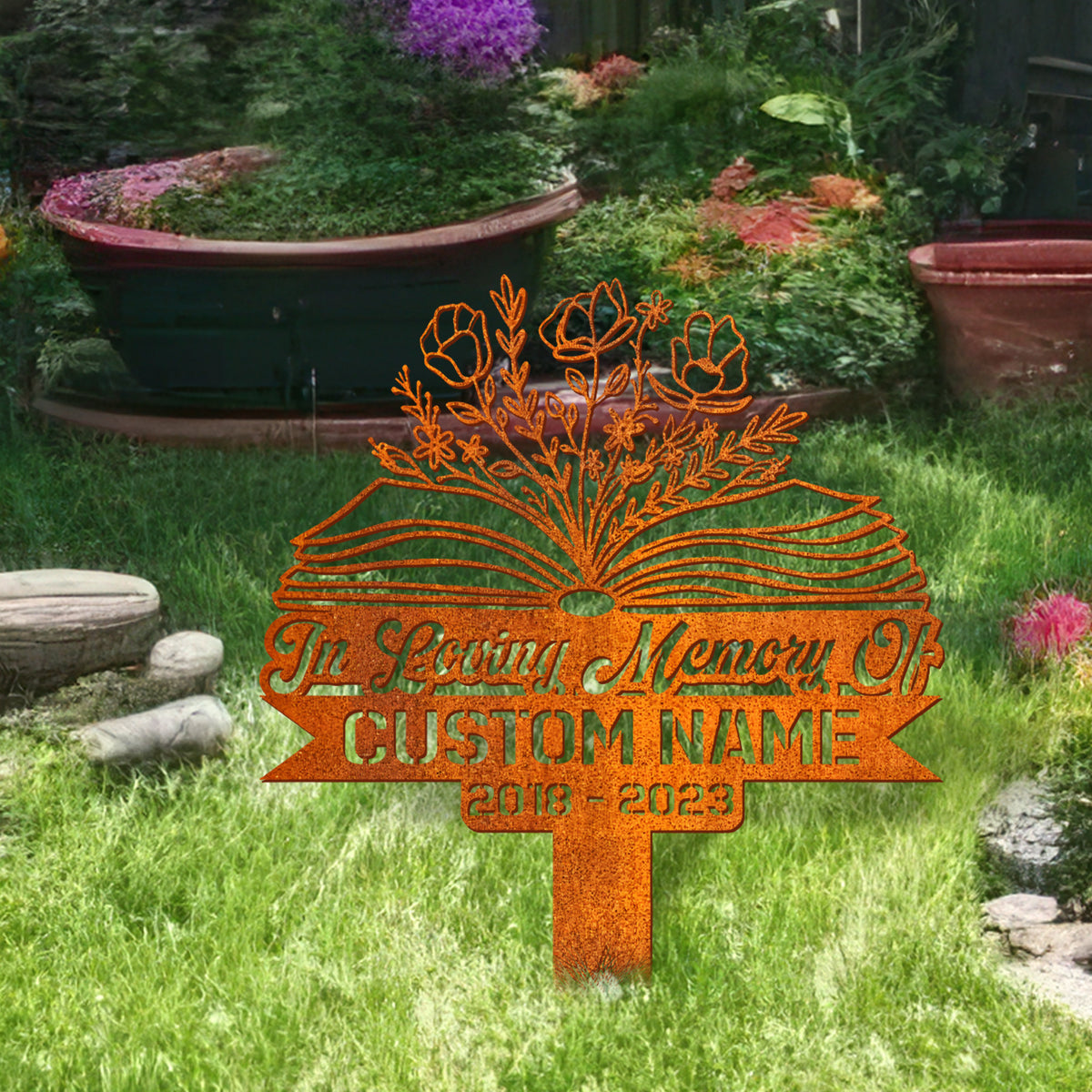 Personalized Floral Book Teacher Memorial Stake, Teacher Name Sign, Book Lover Gift Metal Stake, Sympathy Sign, Grave Marker, Remembrance Stake