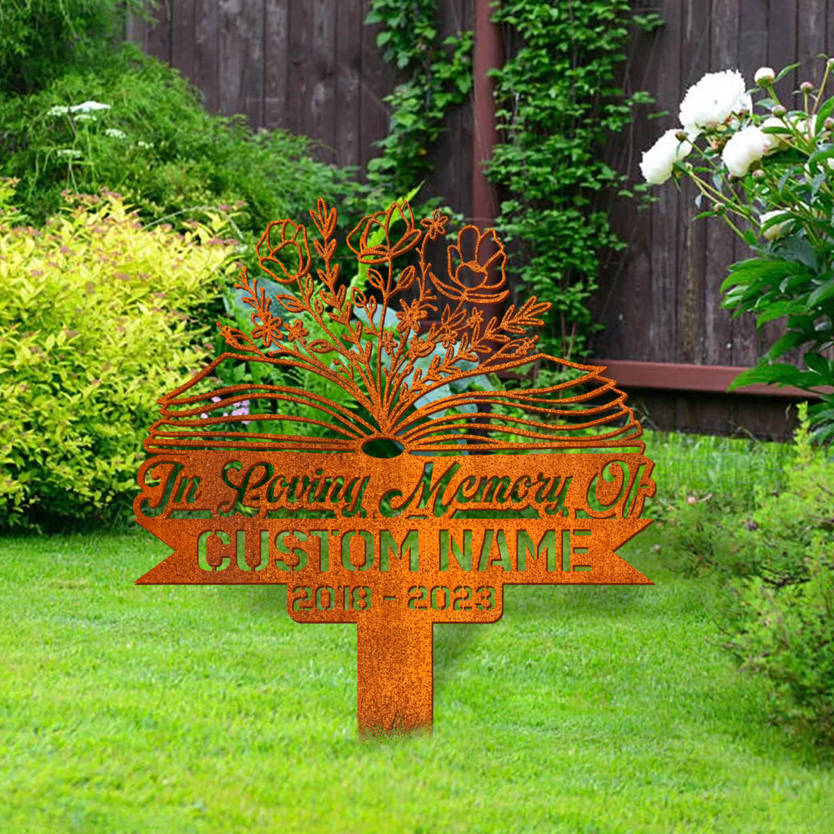 Personalized Floral Book Teacher Memorial Stake, Teacher Name Sign, Book Lover Gift Metal Stake, Sympathy Sign, Grave Marker, Remembrance Stake