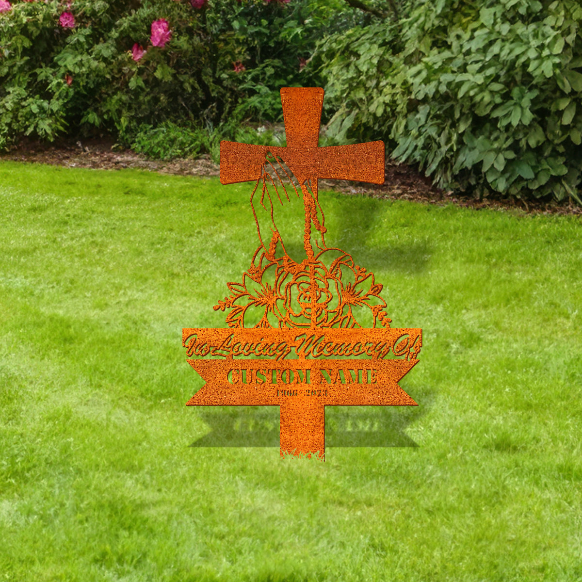Personalized Cross With Praying Hand Memorial Stake, Remembrance Stake, Dad Loss, Mom Loss, Cross Stake, Sympathy Sign, Grave Marker