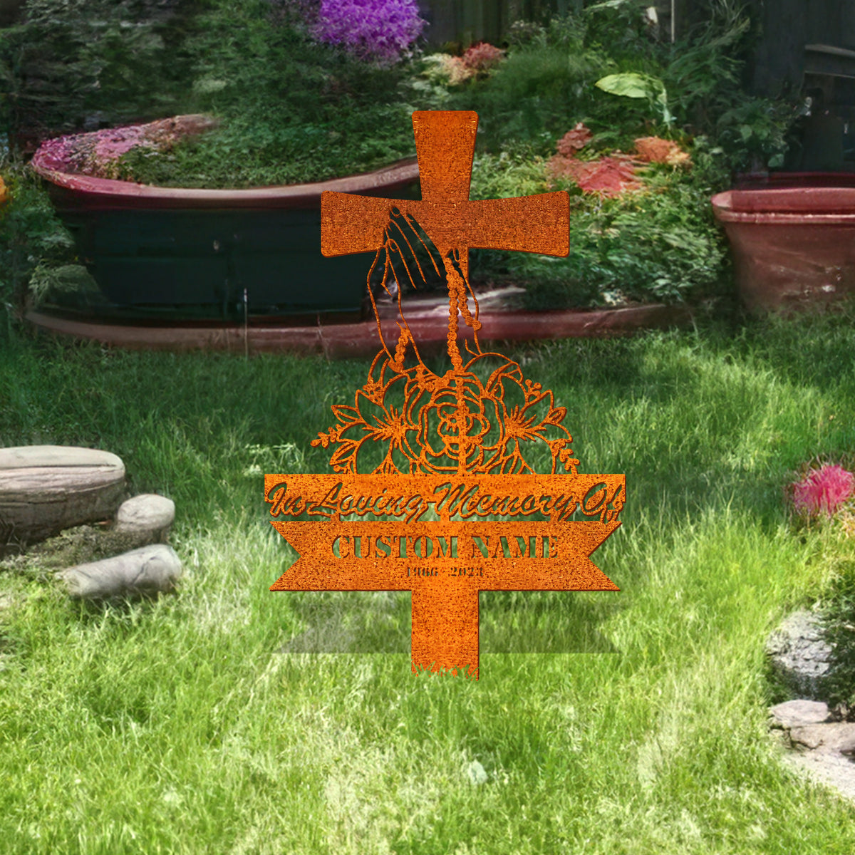 Personalized Cross With Praying Hand Memorial Stake, Remembrance Stake, Dad Loss, Mom Loss, Cross Stake, Sympathy Sign, Grave Marker