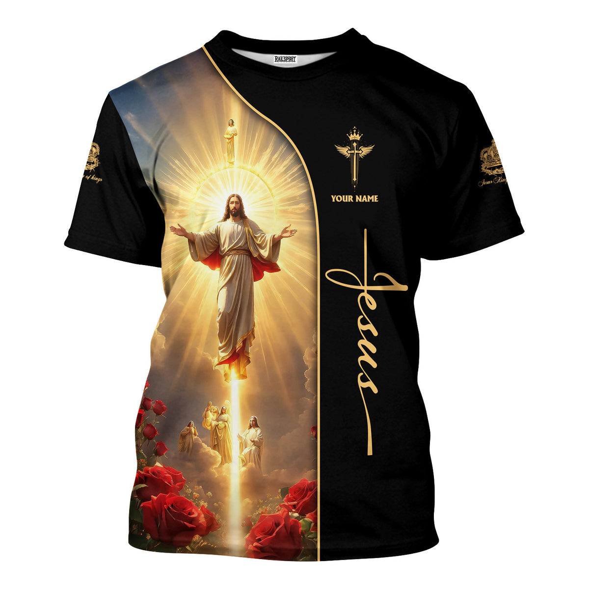 Custom Name Jesus Printed Black Shirt For Men And Women Divine Light & Roses Christian Apparel